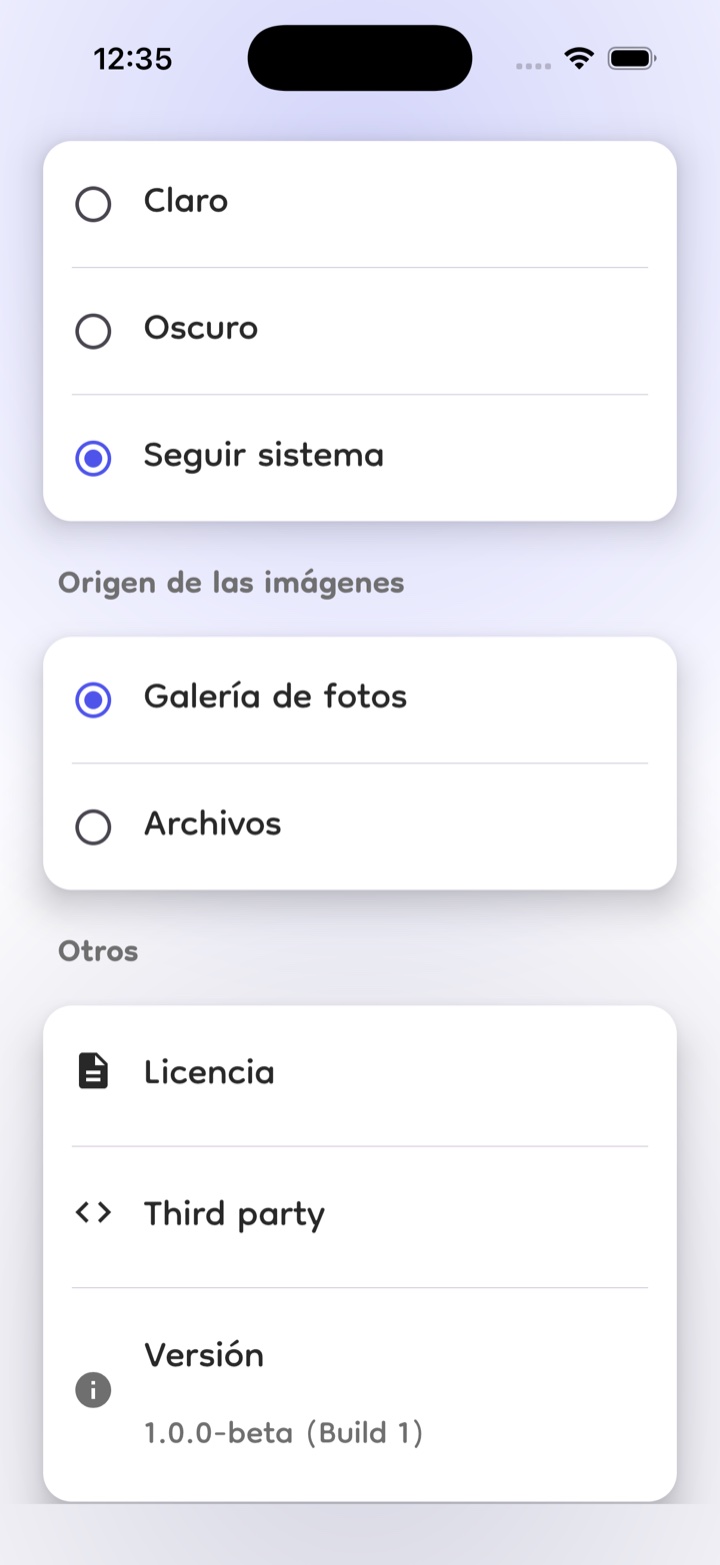Ajustes: cuenta, origen de las imágenes, tema y feedback